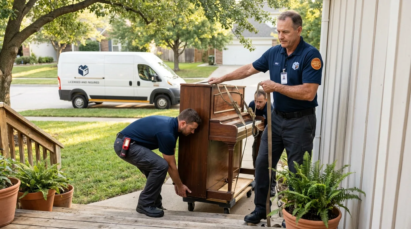 Licensed piano movers securing grand piano in Huron, SD