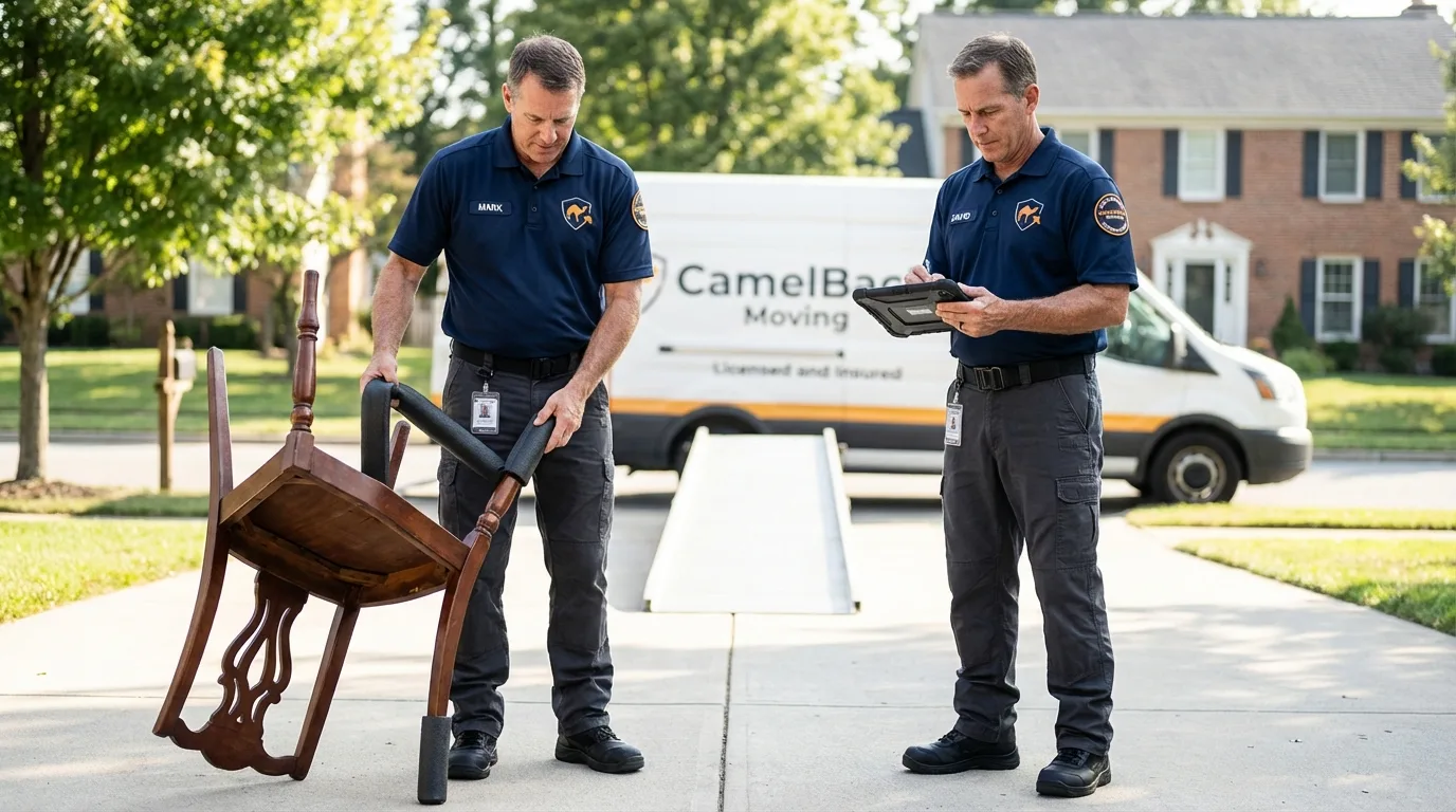 Movers inspecting furniture for damage prevention before loading in Huron, SD