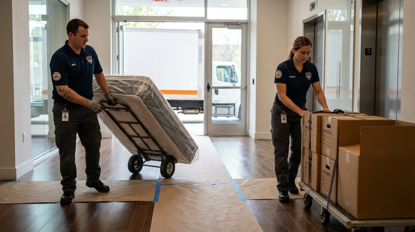 Professional apartment movers loading elevator in Huron, SD