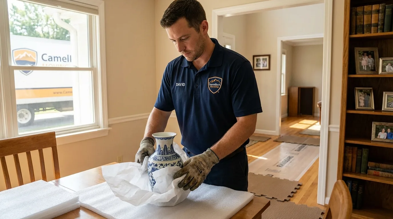 Professional crew carefully wrapping antique vase for senior downsizing move in Huron, SD